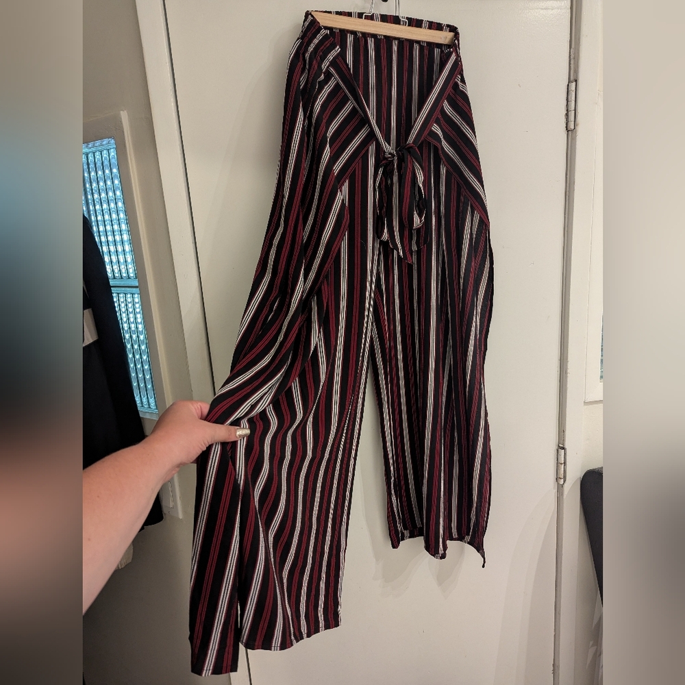 Striped Black and Red Split Leg Pants